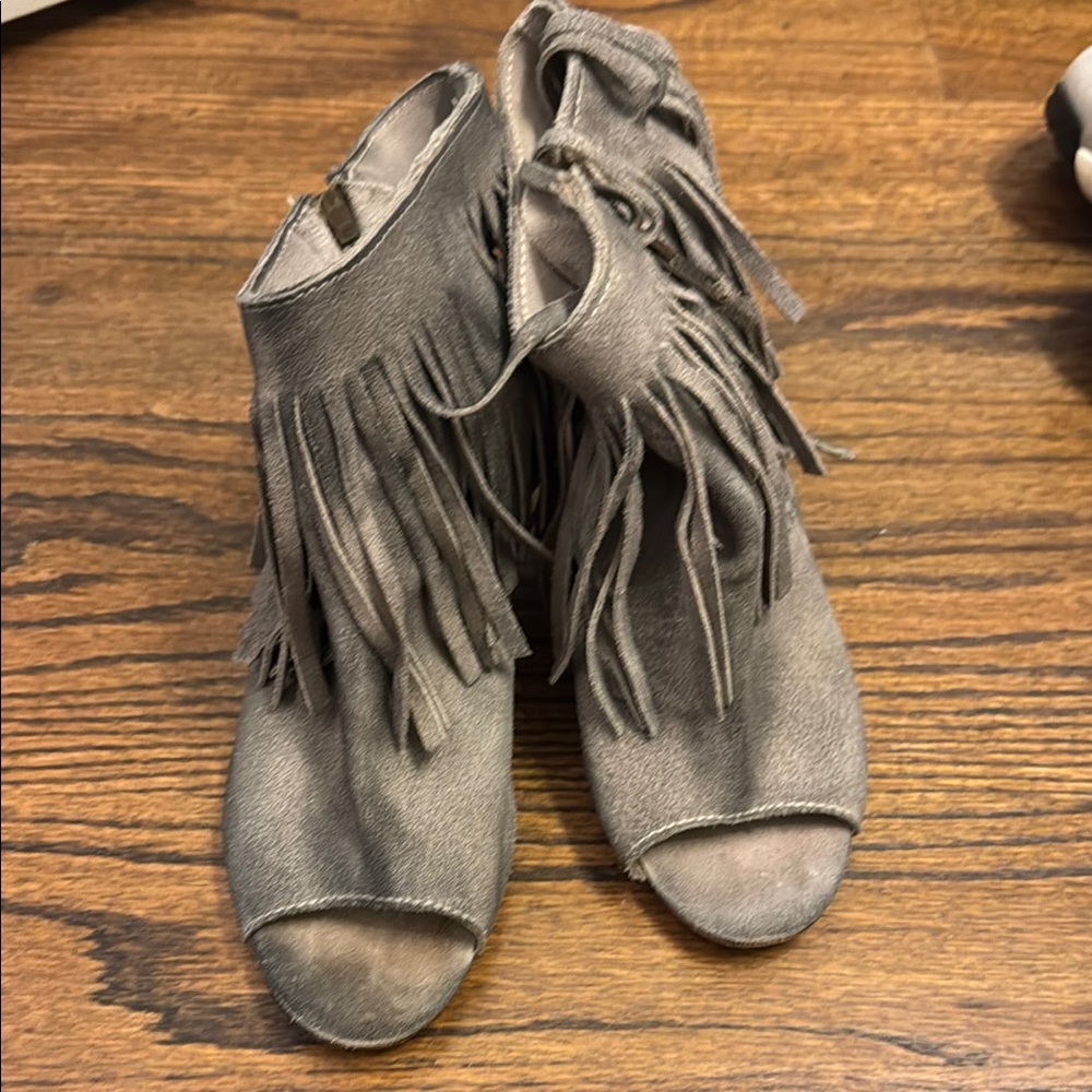 Gray Suede Fringe Heels